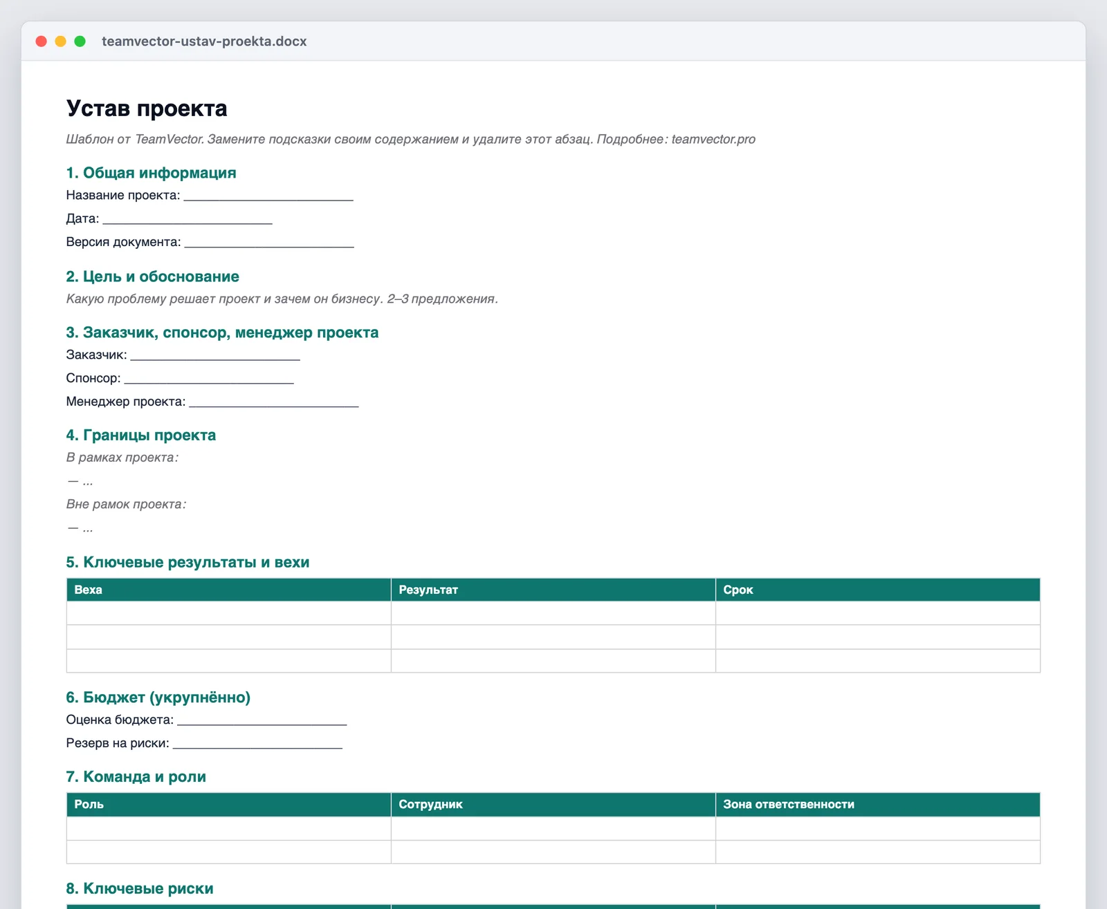 Шаблон устава проекта — как выглядит файл teamvector-ustav-proekta.docx после открытия: 11 разделов, подсказки в тексте, готовые таблицы